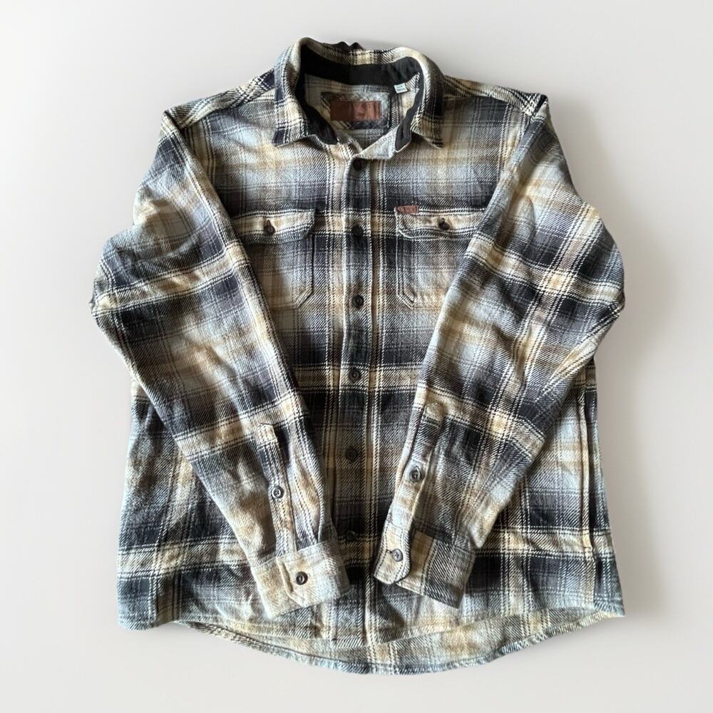 Orvis Men’s Plaid Flannel Shirt Jacket Shacket Gray Tan Button Front Large